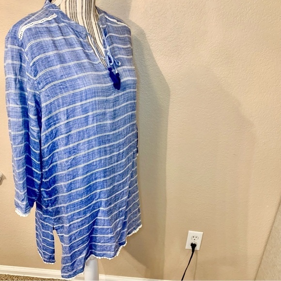 Tunic Top S / XS Fresh Produce Blue White Embroidered Detail Viscose Ties - Picture 8 of 16